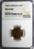 Great Britain George VI Bronze 1944 Farthing NGC MS63 RB  KM# 843