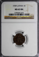 Latvia Bronze 1939 1 Santims NGC MS63 BN Nice Coin KM# 10 (074)