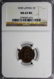 Latvia Bronze 1939 1 Santims NGC MS63 BN Nice Coin KM# 10 (074)