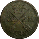 Sweden Frederick I 1748 2 Ore, S.M.Avesta Mint.Mintage-461,000 KM# 437 (14 595)