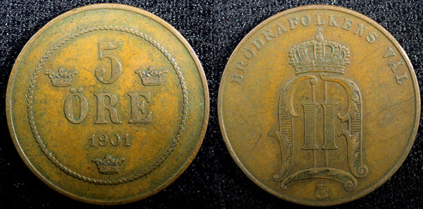 SWEDEN Oscar II Bronze 1901 5 Öre 27mm Mintage-441,660 KM# 757 (23 166)