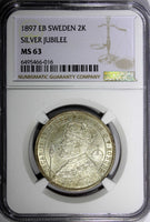 SWEDEN Silver Jubilee Oscar II 1897 EB 2 Kronor NGC MS63 NICE TONED KM# 762 (16)