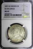 SWEDEN Silver Jubilee Oscar II 1897 EB 2 Kronor NGC MS63 NICE TONED KM# 762 (16)