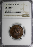 SWEDEN Oscar II  Bronze 1873 2 Ore NGC MS64 RB Nice Toning 1 YEAR TYPE KM# 729