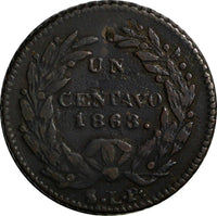 Mexico Copper 1863 SLP 1 Centavo San Luis Potosi  SCARCE KM#390.1 (14 318)