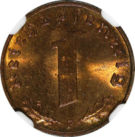 Germany-Third Reich Bronze 1939 F 1 Reichspfennig NGC MS64 RB RED KM# 89  (030)