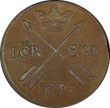 Sweden Frederick I Copper 1736 S.M. 1 ORE Mintage-960,000  KM#416.1  (21 356)