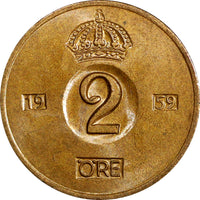 Sweden Gustaf VI Bronze 1960 TS 2 Ore GEM BU Toned KM# 821 (21 951)