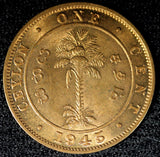 CEYLON George VI Bronze 1945 1 Cent RED BU KM# 111a (23 542)