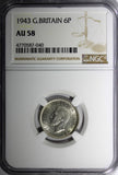 Great Britain George VI Silver 1943 6 Pence NGC AU58 KM# 852 (040)