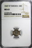 SWEDEN Carl XV  Silver 1869 ST 10 Ore Nice Toned Mintage-209,650 NGC MS63 KM#710