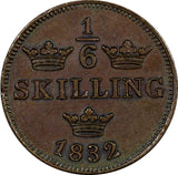 SWEDEN Carl XIV Johan  1832 1/6 Skilling PEARL BORDER SCARCE XF KM# 635  (852)