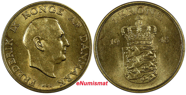 Denmark Frederik IX Aluminum-Bronze 1948 N S 1 Krone Unc Condition KM# 837.1 (1)