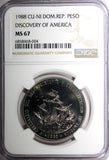 Dominican Republic 1988 1 Peso  Discovery of America NGC MS67 KM# 66 (04)