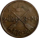 SWEDEN Adolf Frederick (1751-1771) Copper 1762 S.M. 2 Ore KM#461 (15147)