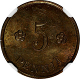 Finland Copper 1928 5 Penniä NGC MS63 RB TOP  GRADED KM# 22 (029)
