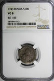 Russia Elizabeth Silver 1743/2 Grivennik 10 Kopecks NGC VG8 Bit-185 SCARCE (53)