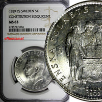 SWEDEN Silver 1959 TS 5 Kronor NGC MS63 Constitution Sesquicentennial KM# 830(4)