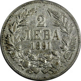 Bulgaria Ferdinand I Silver 1891 KB 2 Leva 27 mm	Kremnica Mint  KM# 14 (19 401)