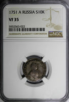 RUSSIA ELIZABETH Silver 1751 A 10 Kopeks,Grivennik NGC VF35 SCARCE  C# 16a (022)