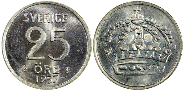 Sweden Gustaf VI Silver 1957 TS 25 Öre GEM BU COIN KM# 824 (22 022)