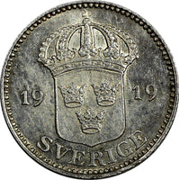 SWEDEN GUSTAF V (1907-1950) SILVER 1919 W 25 Ore KM# 785 (20 608)