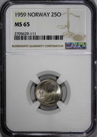 Norway Olav V Copper-Nickel 1959 25 Øre NGC MS65 LIGHT TONED  KM# 407 (111)