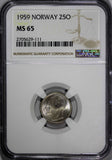 Norway Olav V Copper-Nickel 1959 25 Øre NGC MS65 LIGHT TONED  KM# 407 (111)