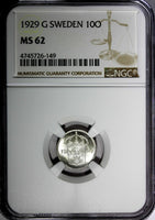 Sweden Gustaf V Silver 1929 G 10 Ore NGC MS62 KM#780 (149)