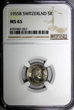 SWITZERLAND Copper-Nickel 1955 B 5 Rappen NGC MS65 HELVETICA KM# 26 (057)