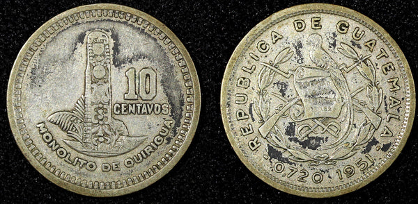 GUATEMALA Silver 1951 10 Centavos Mintage-262 964 KM# 256.1 (22 840)