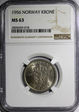 NORWAY Haakon VII Copper-Nickel 1956 Krone NGC MS63 Thick Border KM# 397.2
