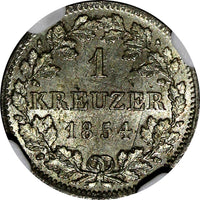 German States BAVARIA Ludwig I Silver 1854 1 Kreuzer NGC MS64 Toning KM#799(026)