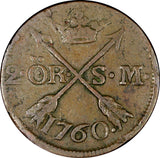 Sweden Adolf Frederick Copper 1760 2 Ore, S.M. Mintage-558,000 KM# 461 (21 346)