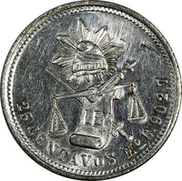 Mexico Silver 1876 Mo B 25 Centavos Mexico City Mint UNC KM#406.7