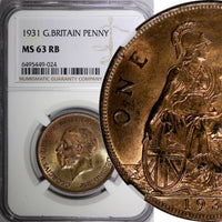 GREAT BRITAIN George V Bronze 1931 1 Penny NGC MS63 RB NICE RED KM# 838 (24)