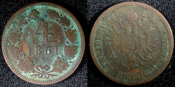 AUSTRIA Franz Joseph I Copper 1861  A 4 Kreuzer KM# 2194 (23 602)