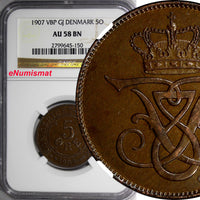 Denmark Frederik VIII Bronze 1907 VBP GJ 5 Ore NGC AU58 BN KM# 806 (150)