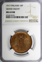 FINLAND RUSSIAN NICHOLAS II Copper 1917 10 Pennia NGC MS63 RB LAST YEAR KM#14(1)