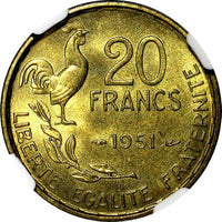 FRANCE Aluminum-Bronze 1951 20 Francs NGC MS66 1 GRADED HIGHEST KM# 917.1 (027)