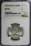 Brazil Silver 1934 2000 Reis NGC AU55 Last Year Type KM# 526 (004)