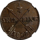 SWEDEN Copper King Gustav IV Adolf 1808 1/4 Skilling NGC MS62 TOP GRADED KM564