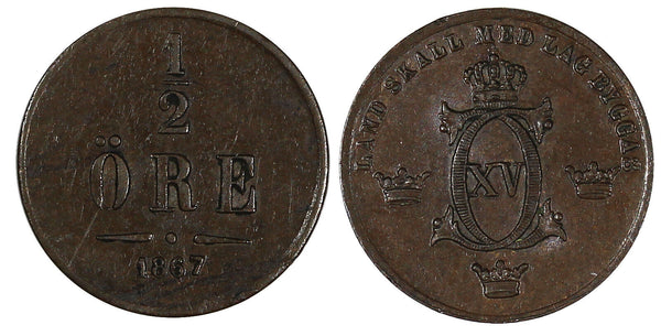 SWEDEN Carl XV Bronze 1867 1/2 Ore  SMALL DATE SCARCE 1 Year Type KM# 715 (481)