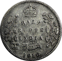 India-British Edward VII Silver 1910 1/2 Rupee Calcutta Mint Last Year KM#507(7)