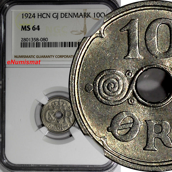 DENMARK Christian X Copper-Nickel 1924 HCN GJ 10 Ore NGC MS64 KM# 822.1 (080)