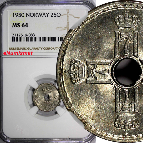 NORWAY Haakon VII  1950 25 Øre Last Year NGC MS64 TOP GRADE KM# 384 (083)