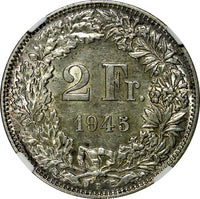 Switzerland Silver 1945 B 2 Francs NGC AU58 Helvetia KM# 21 (028)