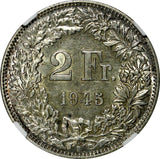 Switzerland Silver 1945 B 2 Francs NGC AU58 Helvetia KM# 21 (028)