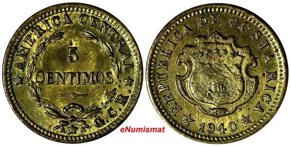 Costa Rica Brass 1940 5 Centimos UNC KM# 151 (15 152)
