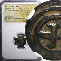 BYZANTINE EMPIRE Justinian I. AD 527-565.Pentanummium (5 Nummi) GRADED NGC (12)